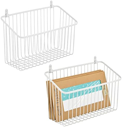 mDesign Small Metal Wire Wall Mounted Storage Organizer Basket Bin for Hanging in Kitchen, Garage, Entryway, Mudroom, Bedroom, Bathroom, Laundry Room - Unity Collection - 2 Pack - White by mDesign