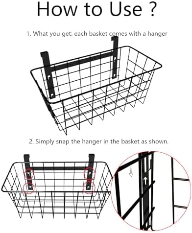 MaraFansie Basket with Hook, Grid Storage Basket, Over the Cabinet Door Organizer, Wire Hanging Basket with Hook Over the Railing, Under Sink Kitchen Cabinet, Pantry, Bathroom, Black, 2 Pack - Image 6