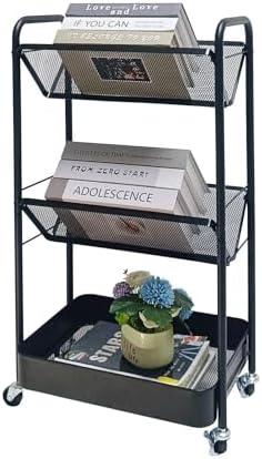 Small 3-Tier Metal Rolling Bookshelf Cart-Standing File Rack,Black by SREGGSIY