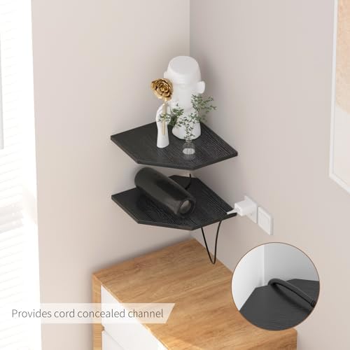 JJL Corner Shelves, 12 Inch Corner Shelf Wall Mounted with Wire Hole, 4 Tier 13.3 Inch Deep Wooden Corner Hanging Shelving for Wall Storage, for Speaker, Cable Box, Black - Image 4