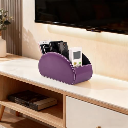 Remote Control Holders Organizer Box with 5 Compartment PU Leather Multi-functional Office Desk Storage Caddy Store Tv Remote for Media Player,Brush,Pencil,Glassees&Office Supplies (Dark Purple) - Image 5
