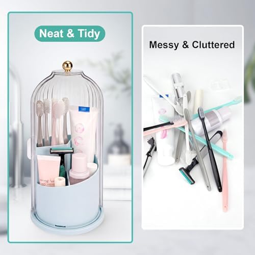 QIYVLOS Toothbrush Holders with Sliding Lid, Rotating 3 Slots Bathroom Organizer Countertop, Tooth Brush Toothpaste Holder Bathroom Counter Stand Sink Organizer Caddy for Makeup Brushes Holder (Blue) - Image 4