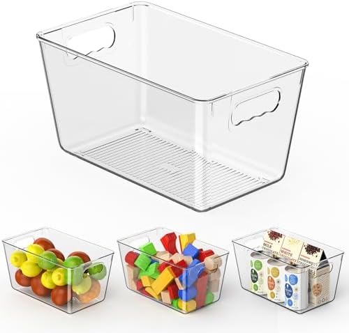 Clear Fridge Organizer Bins with Handles, 4 Pack Medium 10×6×5 Inch by KJIXYUNG