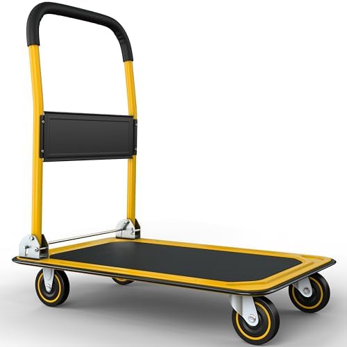 Heavy Duty Foldable Push Cart Dolly | 660 lbs. Capacity | Upgraded Collapsible Hand Truck Folding Platform with Swivel Wheels | Flat Bed Moving Wagon | Space Saving Push Handle (Yellow) by LifetimeApplianceParts