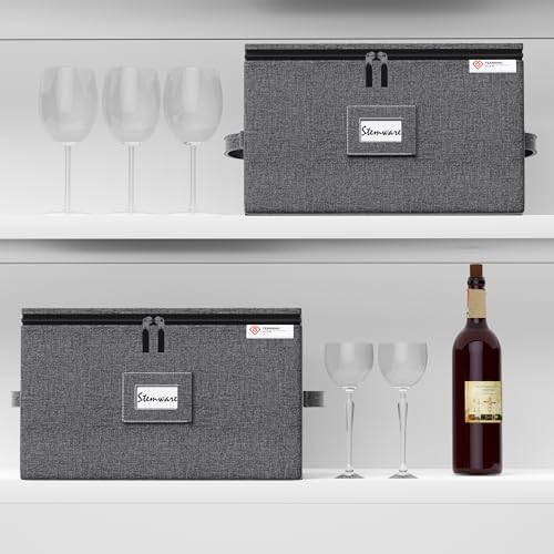 YearningHome 2 Pack Wine Glass Storage Box with Dividers,Stemware Storage Cases with Sturdy Handle and Hard Shell for Glassware Crystal Storage,Transport and Moving,Holds 24,Grey - Image 6