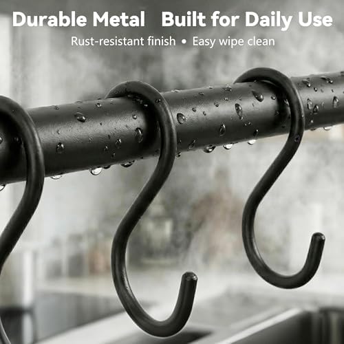 Black Steel-made Kitchen Utensil Rack Organizer Wall-mounted Pot Pan Wall Hanger Holder For Hanging Rail with 10 S Hooks - Image 5