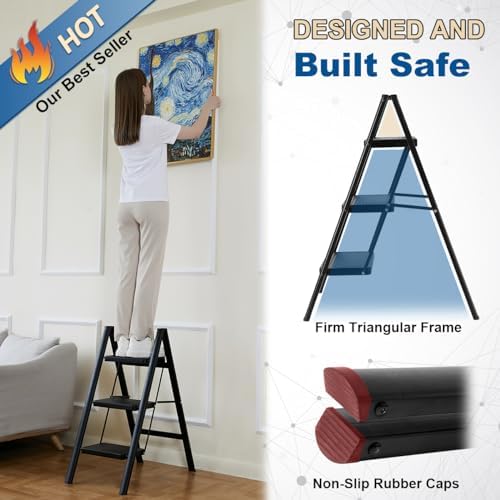Double Elite Folding 3 Step Ladder, Sturdy Small Step Stool for Adults, Safer Full Steel Multi-use Kitchen Ladder for Home, Closet Step Stool Ladder with Wide Pedals, Black, 3-Step - Image 3