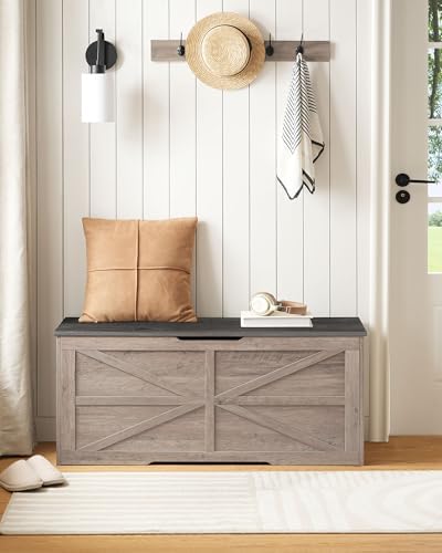CHOEZON Storage Chest, 43.3" Wooden Storage Trunk, Retro Storage Bench with Safety Hinge, Toy Box, Farmhouse Style, for Bedroom, Living Room, Charcoal Gray and Greige MCW11HC - Image 2