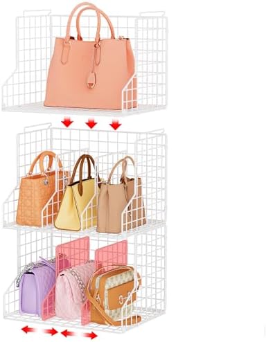 Sonyabecca Purse Storage Organizer for Closet : Adjustable 3-Pack Dividers Handbag Organizer - Stackable Wire Handbags Storage Baskets -Open Cabinets Wallets Tote Chain Bags Clutches -White by Sonyabecca
