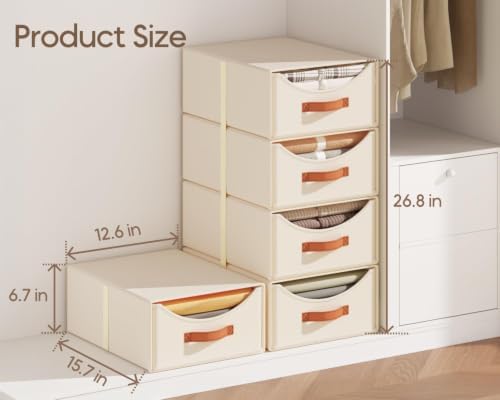 Homsorout Stackable Storage Drawers - Large Collapsible Storage Bins with Drawers, 4 Pack Closet Shelf Organizer Basket, Fabric Pull Out Organizer for Bedroom, Living Room, Dorm, Light Beige - Image 3