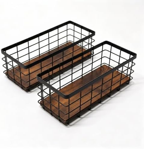 Small Black Metal Wire Storage Basket with Wood Base (Black+Brown, 2 Pack) by TIEYIPIN