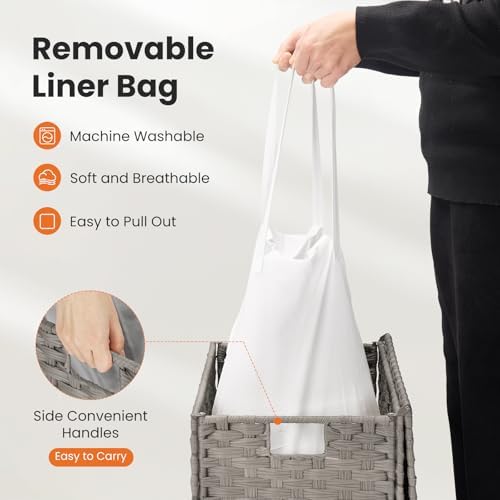 DUMOS Wicker Laundry Basket with Lid, 110L Woven Laundry Hamper with Handles, Foldable Rattan Clothes Hamper with Removable Liner & Sturdy Steel Frame, Dove Gray - Image 4