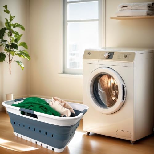 SAMMART 42L (11 gallon) Collapsible Plastic Laundry Basket - Foldable Pop Up Storage Container/Organizer - Space Saving Hamper/Basket (1, White/Steel Blue) - Image 5