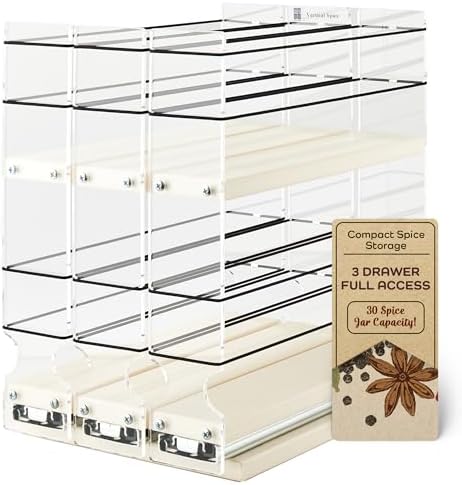 Vertical Spice Cabinet Mounted Spice Rack Drawer - Pull Out Cabinet Organizer - Cupboard Organizers & Storage - Pantry Shelves - 30 Reg. Jars, 3 Drawers, 2 Tiers (6.9" W x 10.75" H x 10.6" D, Cream) - Image 7