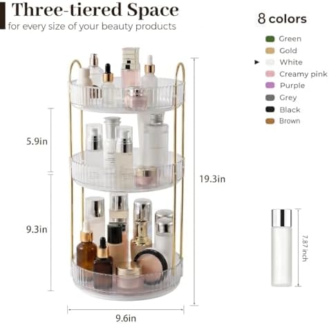 Aveniee 3-Tier 360° Rotating Makeup Organizer, Clear Spinning Perfume Cosmetic Storage for Vanity Countertop, Sturdy Metal Pole Skincare Holder Stand for Bathroom Dresser, White (Pack of 2) - Image 2