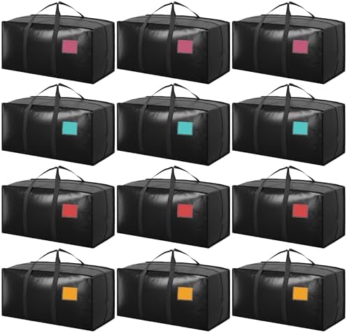 12 Pack Moving Bags with Full-Open Side Zipper, Extra Large 93L Heavy Duty Waterproof Foldable Storage Totes for College Dorm, Moving & Home Organization Black by RMOHRO