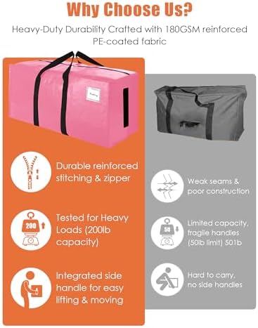 SWEET DOLPHIN 8 Pack 200LB Heavy-Duty Moving Bags with Wrap-Around Handles, Extra Large Storage Totes for Space Saving, Clothes Storage Bags, College Dorm Essentials, Pink, 24 Gal - Image 7