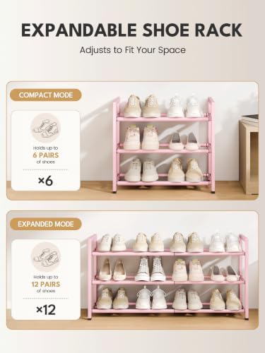 Bumusty 3 Tier Expandable Shoe Rack for Closet, Pink - Image 6