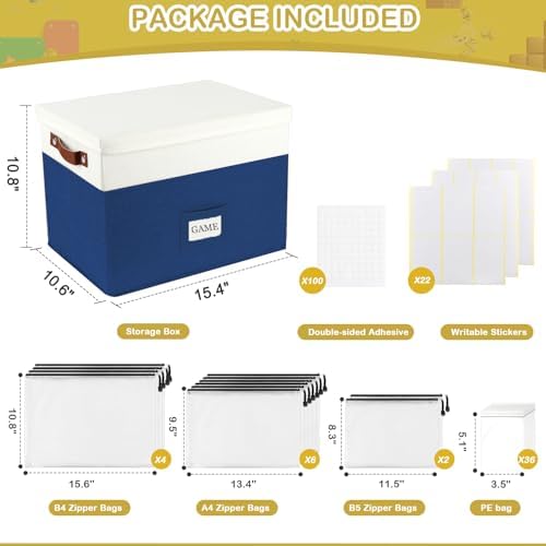 Board Game Storage, Board Game Organizer with 12pcs Zipper Bags and Writable Stickers, Board Game Organizers Storage with Lid for Office Supplies,Puzzles,Video Game,Craft Product (Blue, 2-Pack Large) - Image 7