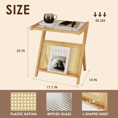 Bamworld Rattan Side Table Boho Nightstand with Storage Shelf - Image 2