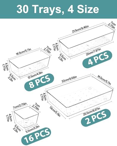 30Pcs Clear Plastic Drawer Organizers Set, 4size makeup drawer organizer trays for vanity,desk,bathroom,office,nightstand,gadgets for kitchen drawer, Versatile drawer divider storage bins - Image 2
