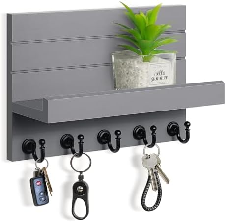 HONJIN Key and Mail Holder for Wall: Rustic Key Hanger Key Rack Organizer with 5 Sturdy Key Hooks for Entryway Bedroom Kitchen House Decor (Grey) by HONJIN