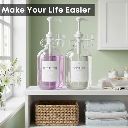 2 Pcs Glass Liquid Laundry Detergent Dispenser with Cup Holders, Half Gallon Dispenser for Laundry Room (64 oz. Each), Laundry Detergent Bottles with Pump Dispenser -Includes Labels, Measuring Cups - Image 4