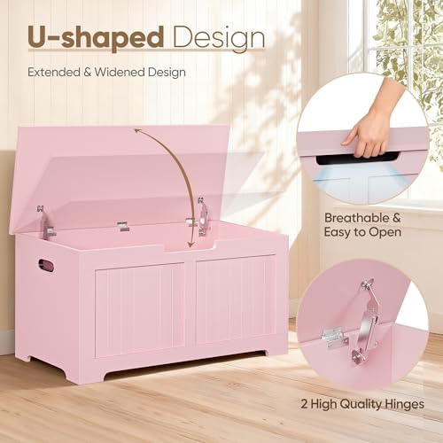 SUPER DEAL Storage Chest, 39 inches Chest Box Organizer with 2 Safety Hinges, Wooden Entryway Shoe Organizer Storage Bench, Pink - Image 4
