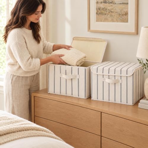 Decorative Linen Storage Boxes with Lids - Spacious Set of 2 Organizer Bins - Image 6