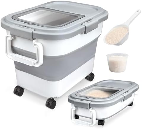 Komzon Rice Storage Container 20-30 lb, 17 lb Pet Dog Food Storage Container, Collapsible Food Storage Containers, Rice Dispenser Bin with Cup and Scoop for Flour Cereal Pasta Grain, Cat Bird Food by Komzon