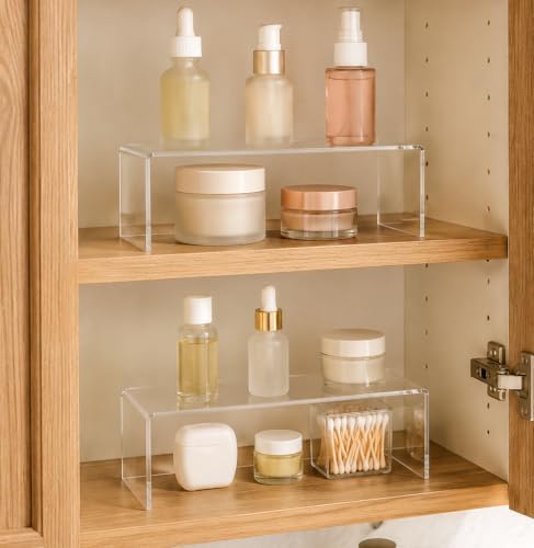 2 Pack Acrylic Medicine Cabinet Organizer, Narrow Bathroom Mirrior Cabinet Storage Shleves, Clear Acrylic Risers for Vanity, Kitchen & RV (11.34 x 2.95 x 3.66 in) by CHANNICORNER