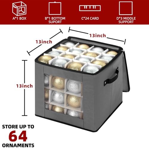 inin Christmas Ornament Storage Box with Adjustable Dividers,Christmas Ornaments Organizer with Zippered Top,Storage Container Bin for Holiday Decorations(64 Ball, Gray, Without Tray) - Image 2