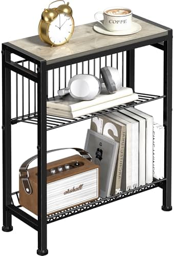 Narrow Side Table for Small Space, 3-Tier End Table with Magazine Holder, Slim Nightstand with Wire Shelf, Skinny Bedside Table in Living Room, Bedroom, Study, Kitchen and Balcony(Greige) by HOME