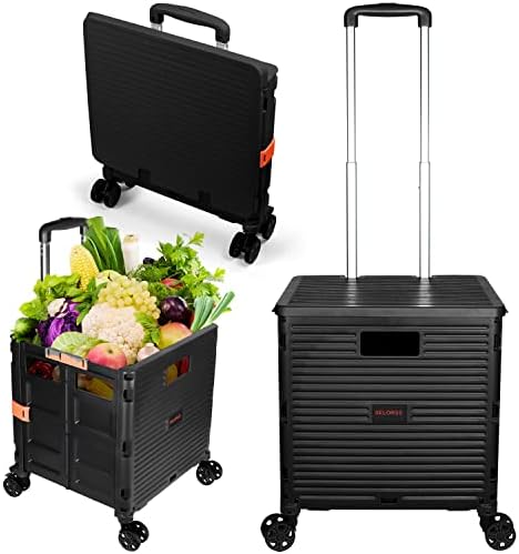 Foldable Utility Cart Portable Rolling Crate Handcart Shopping Trolley Collapsible 4 Rotate Wheels with Durable Heavy Duty Plastic Telescoping Handle for Travel Shopping Moving Storage Office Use by FELICON