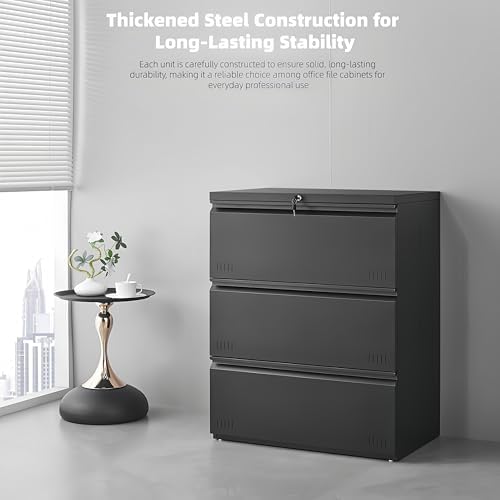 Approgreent Lateral 3 Drawer File Cabient with Lock, Metal Filing Cabinets for Home Office, Heavty Duty Office Storage Cabinet for A4/Letter/Legal (Matte Black) - Image 7