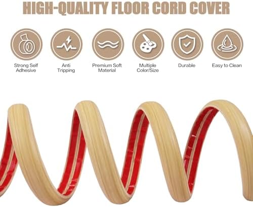 Floor Cord Cover Cavity 0.8"x0.37" Self Adhesive Cord Hider, 3.3FT Low Profile Cable Management, Extension Strip Protector for Wires, Prevent Cable Trips for Offices, Gyms (Wood Light Yellow) - Image 3