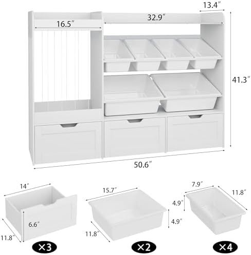 Kids Toy Storage, 50.6" W x 41.3" H Large Toy Organizers and Storage Cabinet with 6 Plastic Bins, 3 Rolling Drawers, Stuffed Animal Zoo, Wooden Organization Shelf for Playroom, Nursery(White) - Image 2