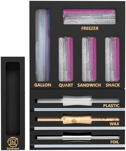DALSHABET 9 IN1 Bamboo Storage Bag Drawer Organizer with Cutter, Foil and Plastic Wrap Dispenser for Kitchen Storage Compatible with All Brands Gallon, Quart, Sandwich & Snack Size Bags - Black by DALSHABET