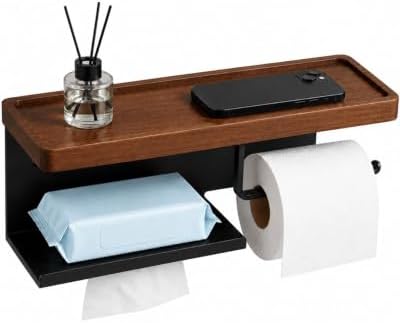 Toilet Paper Holder with Shelf, Wall Mount Walnut & Stainless Steel by Unknown