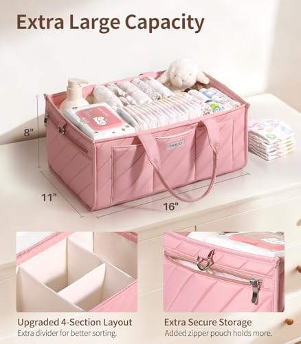 Extra Large Diaper Caddy Organizer – Big Nursery Storage Basket with Zipper Pocket, Shoulder Strap & Stroller Hooks, Water-Resistant Travel Tote for Twins, Gift for Baby Shower, Blush Pink - Image 2