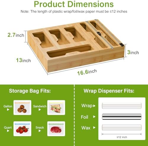 KOCWELL Bamboo Bag Storage Organizer - 2 Wrap Dispenser with Cutter & 4 Slots Food Storage Bags Container - Kitchen Drawer Plastic Bags Storage Organization for Gallon Quart Sandwich Snack Bags - Image 3
