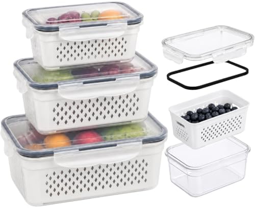 4 Pack Fruit Storage Containers for Fridge, Produce keeper with Colander by RockBerry