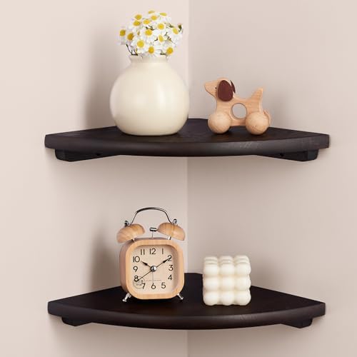 Gieanoo Floating Corner Shelves Set 2 10inch Walnut Solid Oak Rounded Corner Shelves Wall Mounted with Cable Hole Wood Corner Hanging Shelves for Living Room Bedroom Bathroom Kitchen by GIEANOO