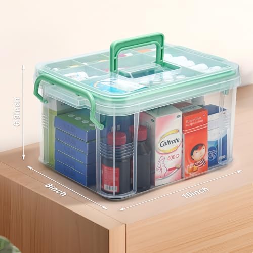 15QT Clear Medicine Organizer Storage Box with Handle & Tray - Thickened Plastic Empty First Aid Box, Multipurpose Medical Container with Lids/Labels, Medication Caddy for Home, Baby, Elderly, Dorm - Image 2