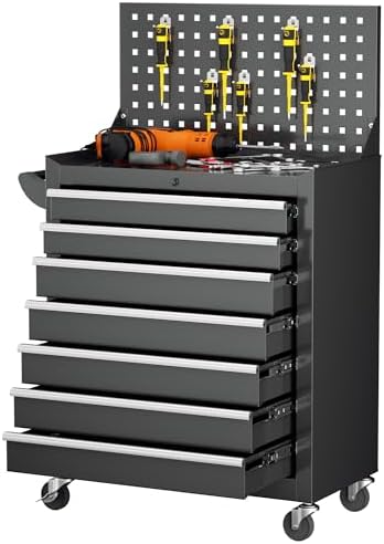 INTERGREAT 7 Drawers Rolling Tool Box with Pegboard,Portable Tool Chest with Wheels, Tool Box Organizer with Locking System for Garage(Black) by INTERGREAT