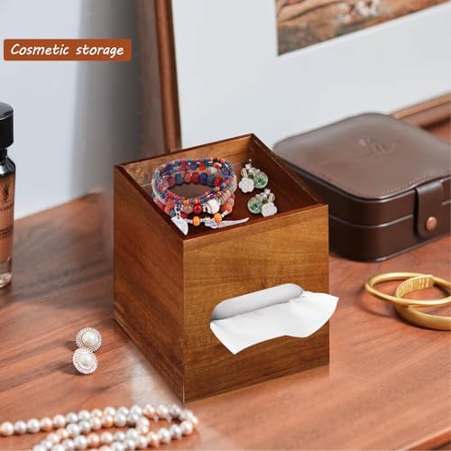 Square Tissue Box Cover with Storage Tray, Acacia Wood Tissue Box Holder - Image 4
