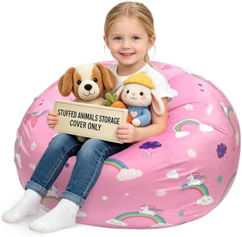 Lukeight Unicorns Stuffed Animals Storage Bean Bag Chair Cover for Kids Toddlers, Cozy Velvet Plush Toy Organizer Seat, Cover Only, No Filling Included, Long YKK Zipper, Side Pocket, Large 27 x 16 in by Lukeight