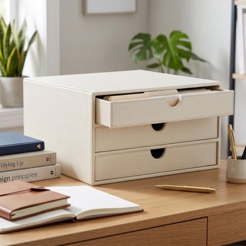 UnionBasic Document Organizer, 3-Drawer File Cabinet Document Storage Box, Office Desktop Filing Organizer, Creamy White - Image 2