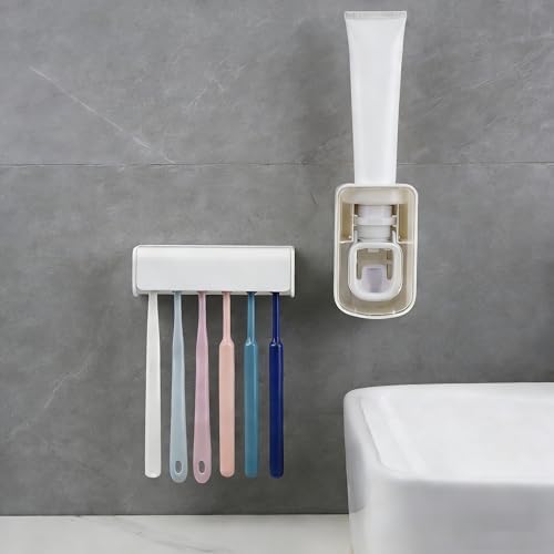 Toothbrush Holder Wall Mounted with Cover for Bathroom, 6 Slots Toothbrush Storage Organizer for Shower, Self Adhesive Toothbrush Hanger with Automatic Toothpaste Squeezer Dispenser (White) - Image 6