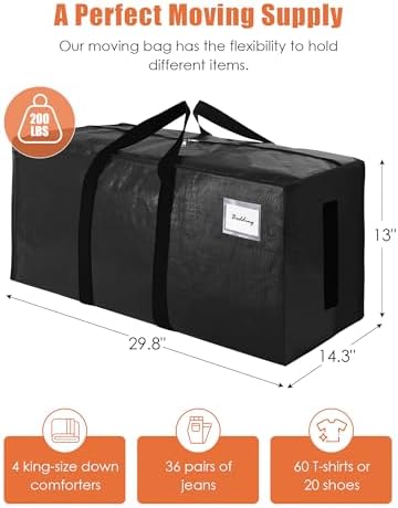 SWEET DOLPHIN 12 Pack 200LB Heavy-Duty Moving Bags with Wrap-Around Handles, Extra Large Storage Totes for Space Saving, Clothes Storage Bags, College Dorm Essentials, Black, 24 Gal - Image 4